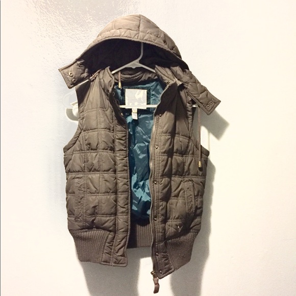 Olive Green/Brown Hooded Puffer Vest - Picture 1 of 8